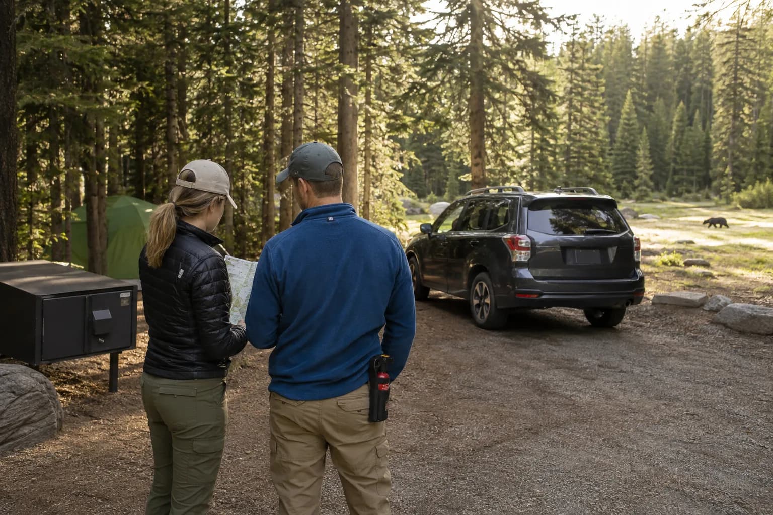 Two campers review a map beside a closed food locker and vehicle while a bear moves in the distant background