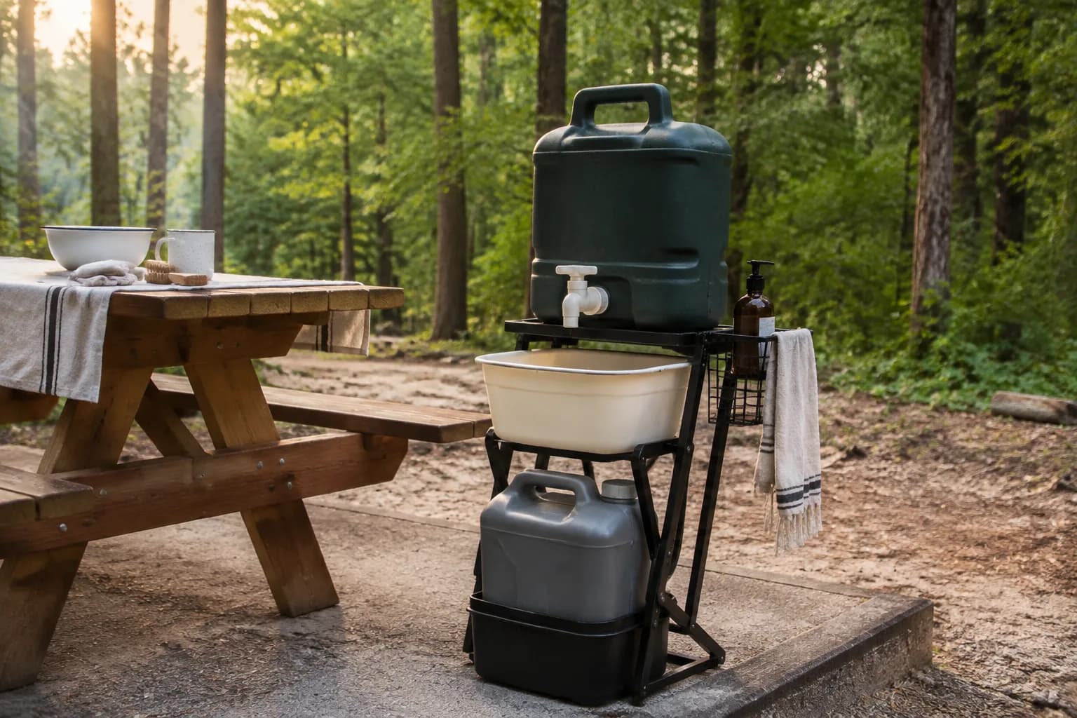 Rigid camping water container with a spigot above a wash basin and separate gray-water container
