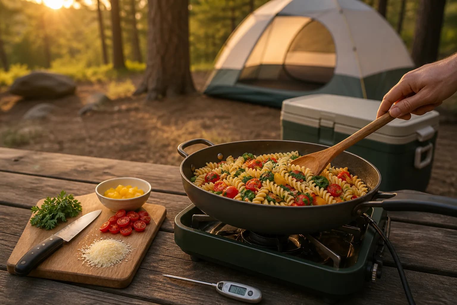 One-pan pasta cooking on a portable stove on a campsite picnic table, with a cooler and tent behind it