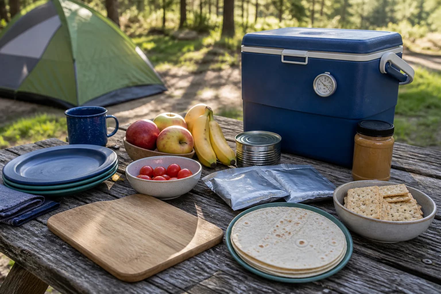 Tortillas, fruit, tomatoes, crackers, sealed food packages and a cooler arranged on a campsite picnic table