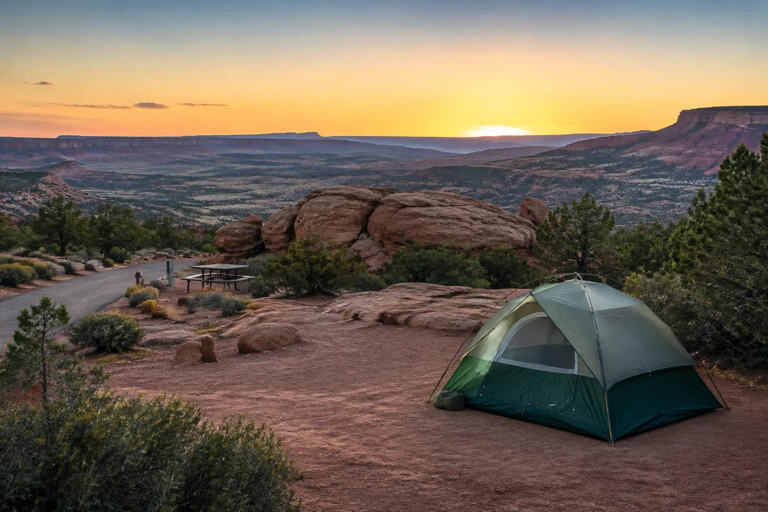 Tent at a developed Southern Utah desert campsite beneath red cliffs at sunrise
