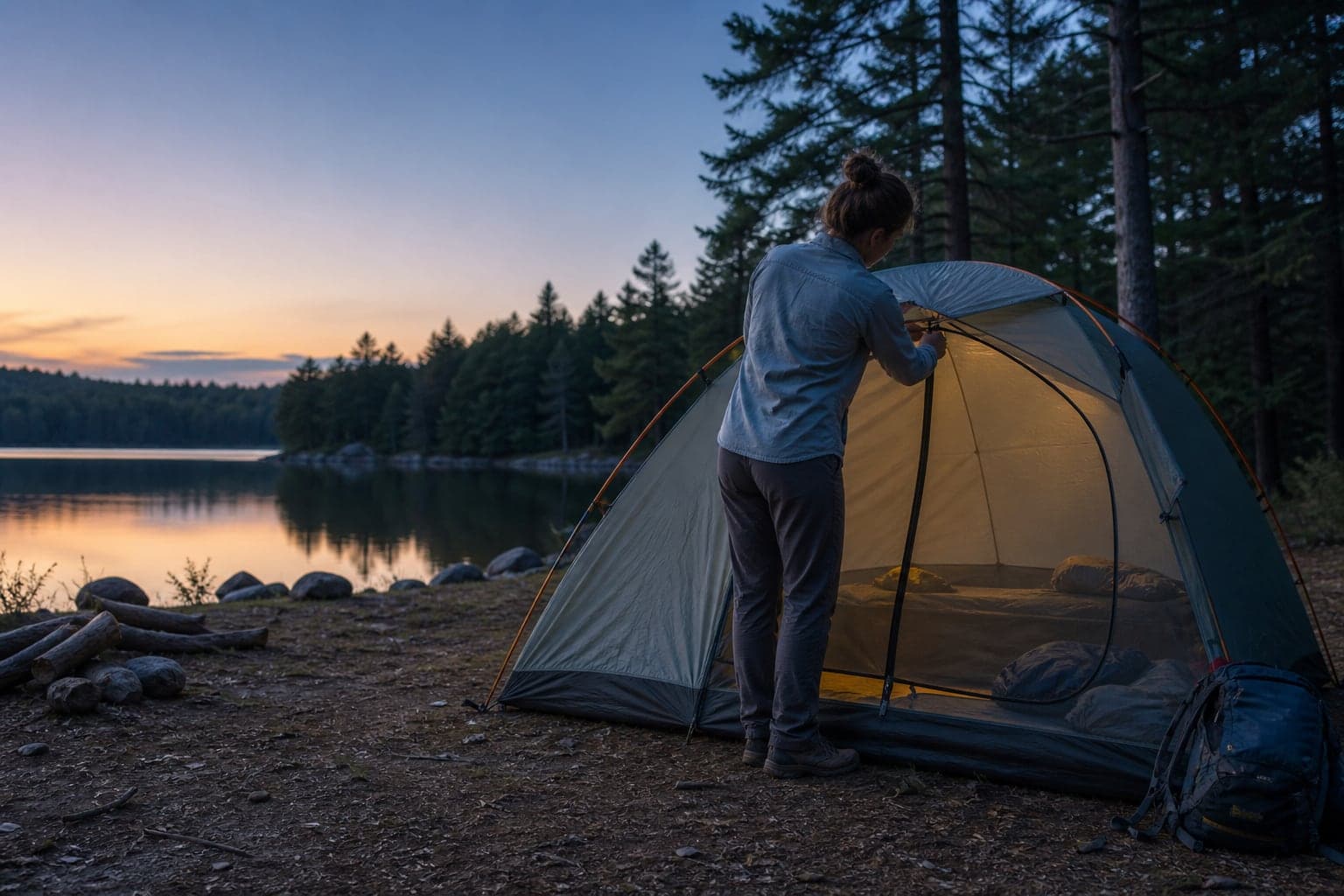 A camper closing the mesh door of a tent beside a lake at dusk