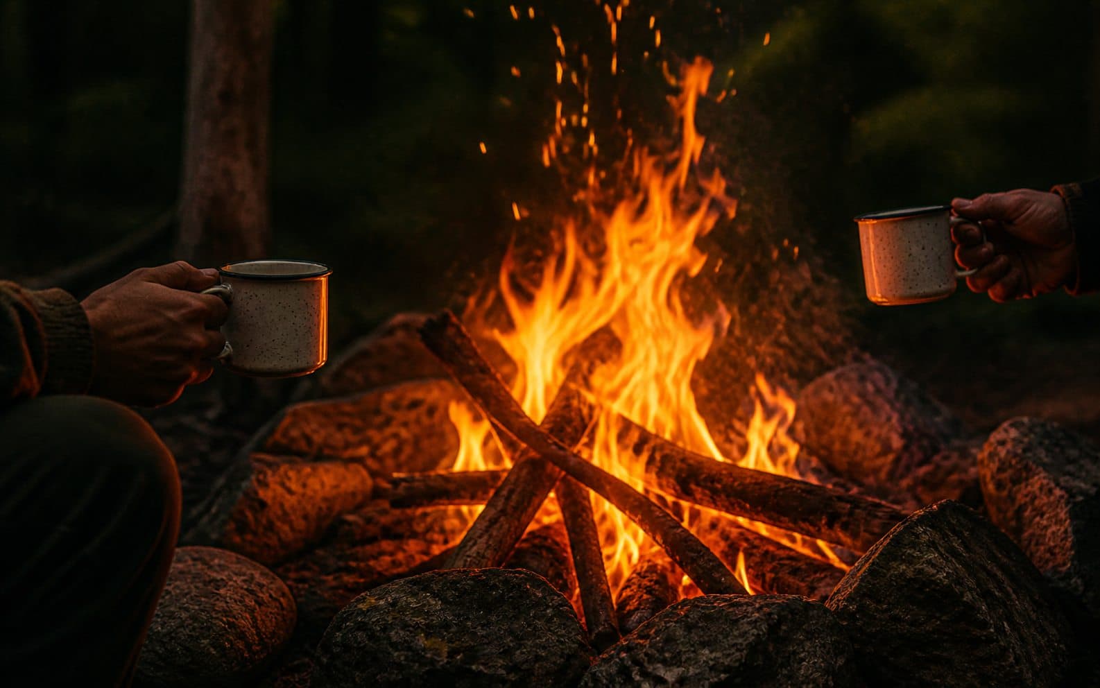 Un feu de camp après la tombée du jour