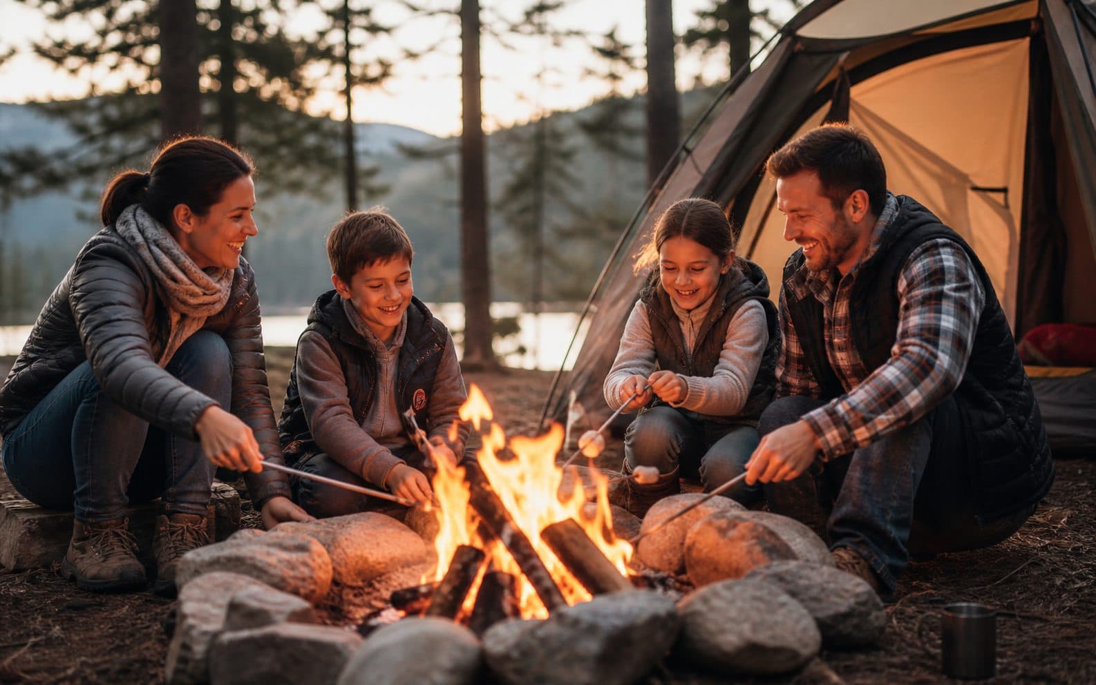 Campers sharing an evening around the fire
