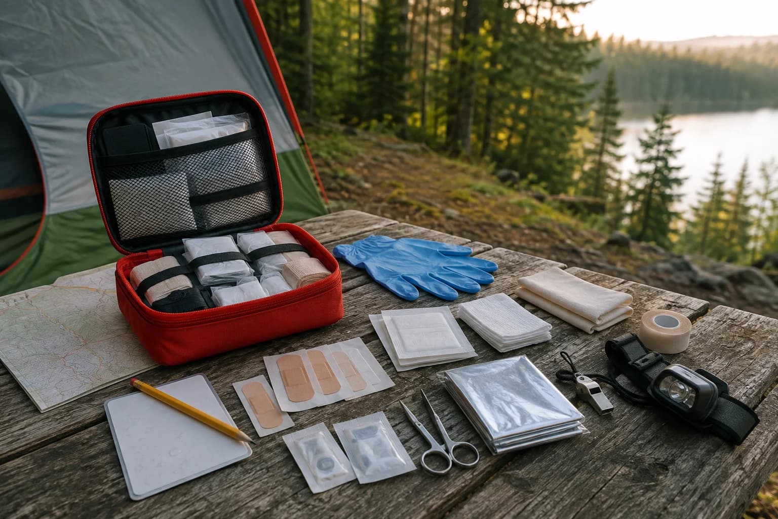 Open red camping first aid pouch with wound-care supplies, fine-point tweezers, gloves and a paper trip plan on a campsite table