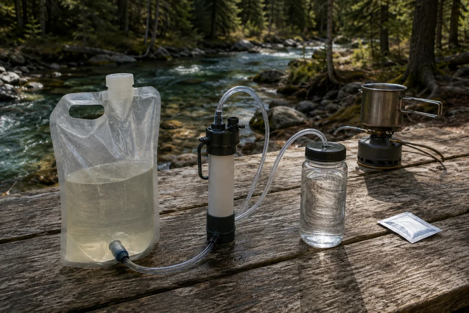 Separate dirty-water bag, portable filter and covered clean-water bottle arranged beside a camping stove