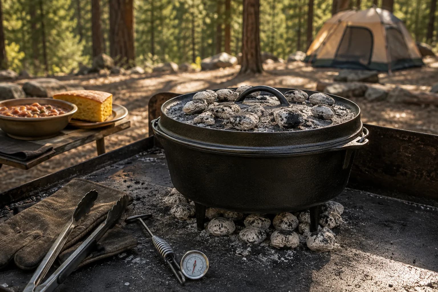 A three-legged camp Dutch oven with a flanged lid heated by charcoal briquettes in a fire ring