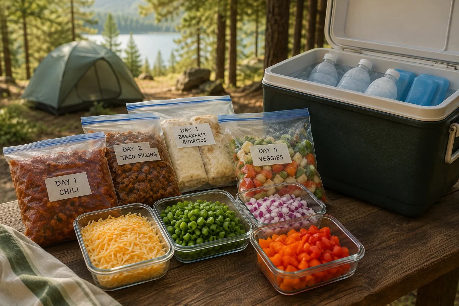 Labelled make-ahead meals, frozen water bottles and ice packs arranged beside an open camping cooler