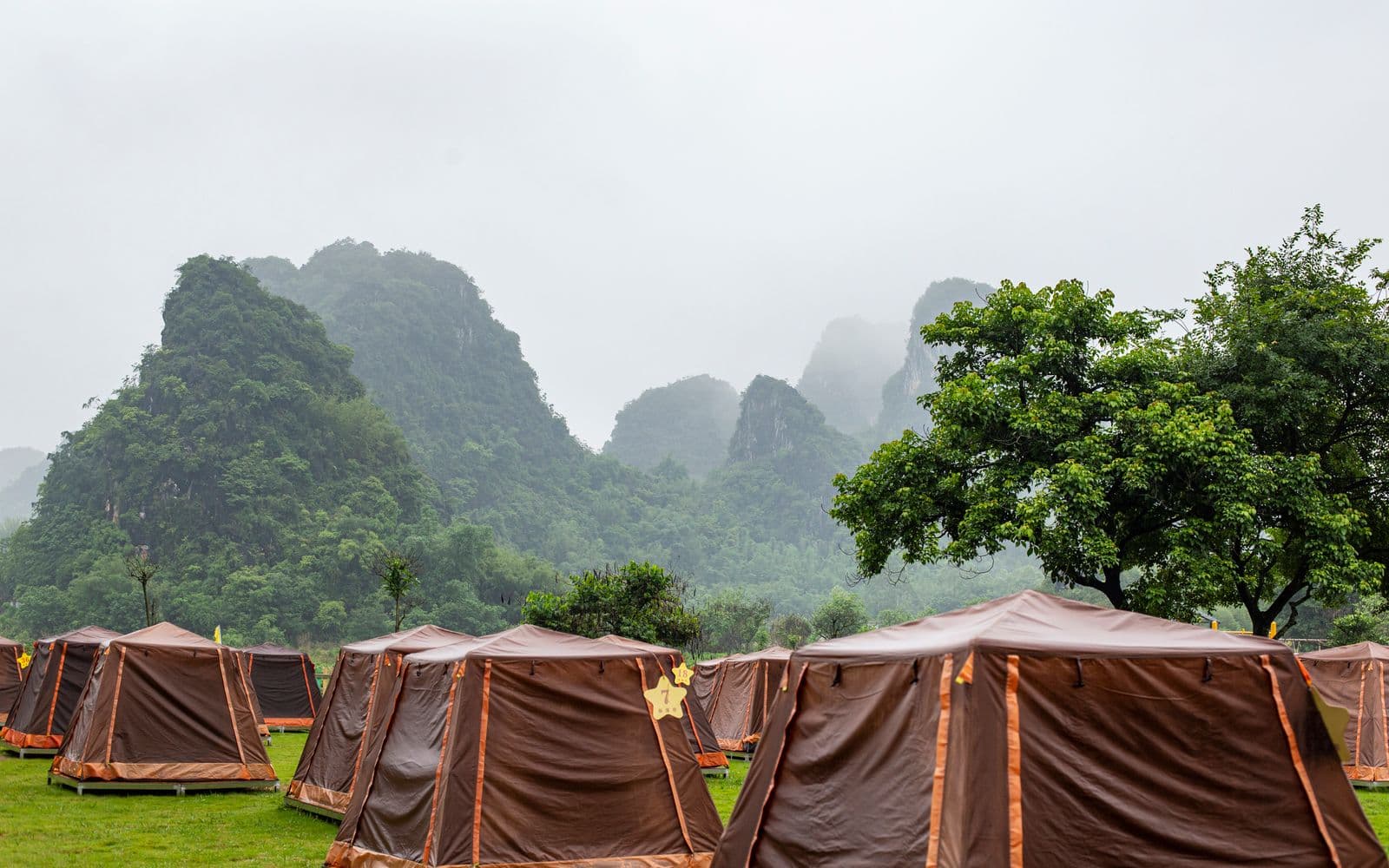 Tents in a misty campground beneath dark mountain clouds