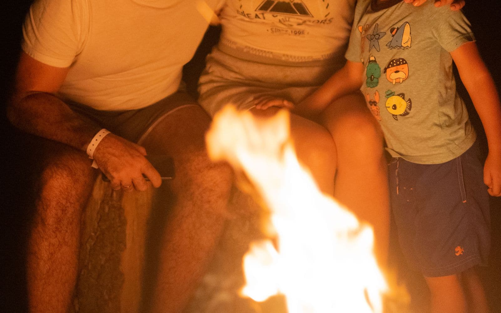 A family sharing stories and smiling beside a campfire at night
