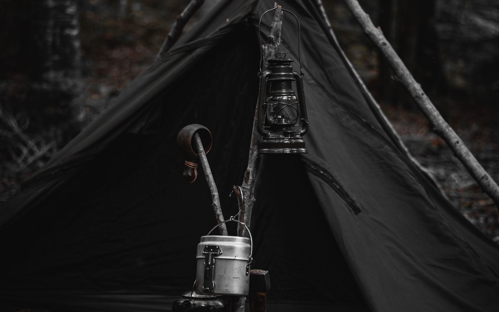 A lantern-lit tent in a dark forest